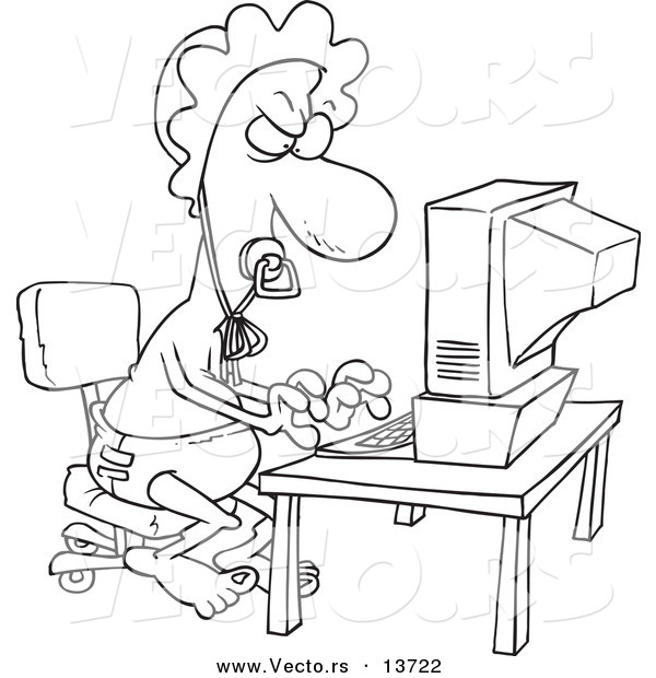 Vector of a Cartoon Baby Man Typing a Complaint Email - Coloring Page Outline