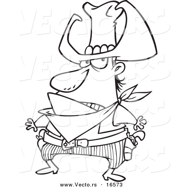 Vector of a Cartoon Bad Cowboy Ready to Draw His Guns - Outlined Coloring Page Drawing