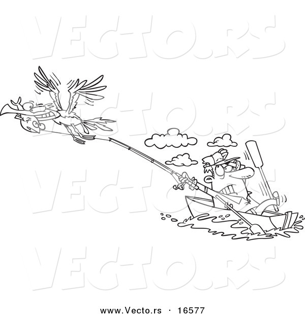 Vector of a Cartoon Bad Gull Stealing a Fish from a Fisherman - Outlined Coloring Page Drawing
