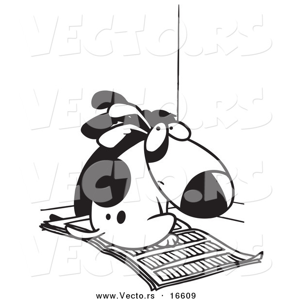Vector of a Cartoon Bad Puppy Sitting on Newspaper in the Corner - Outlined Coloring Page Drawing