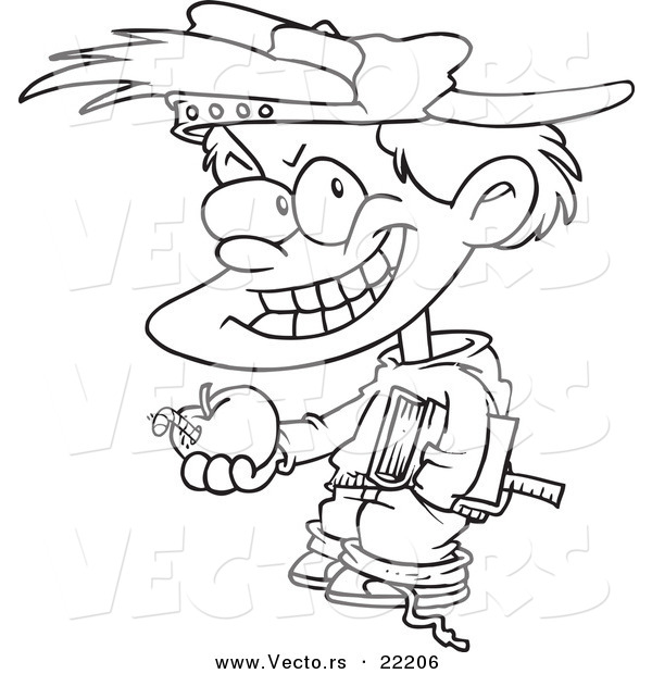 Vector of a Cartoon Bad School Boy Holding an Apple - Outlined Coloring Page