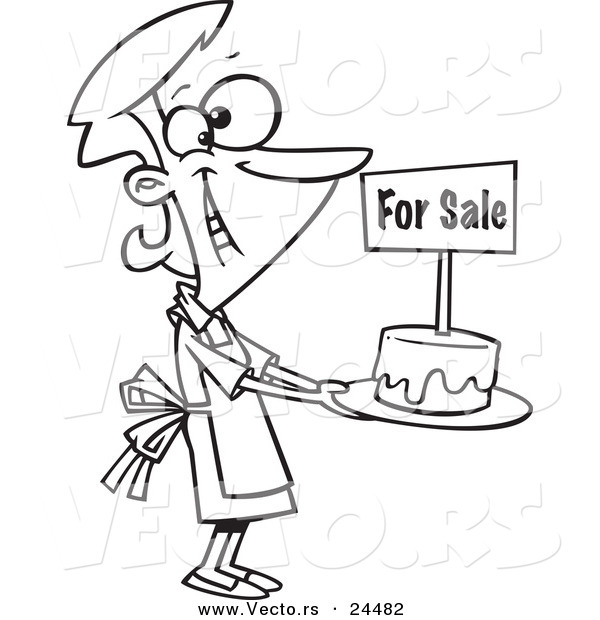 Vector of a Cartoon Bake Sale Woman Holding out a Cake - Outlined Coloring Page