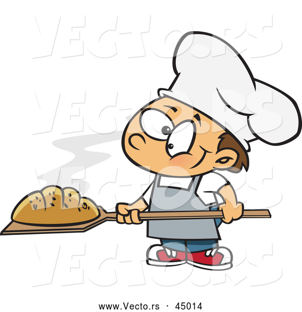 Vector of a Cartoon Baker Boy Posing with Hot, Fresh Bread Loaf