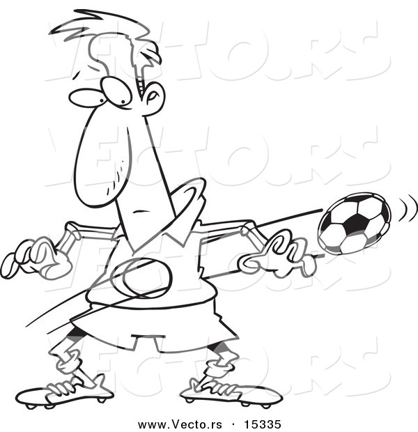 Vector of a Cartoon Ball Flying Through a Soccer Player's Body - Coloring Page Outline