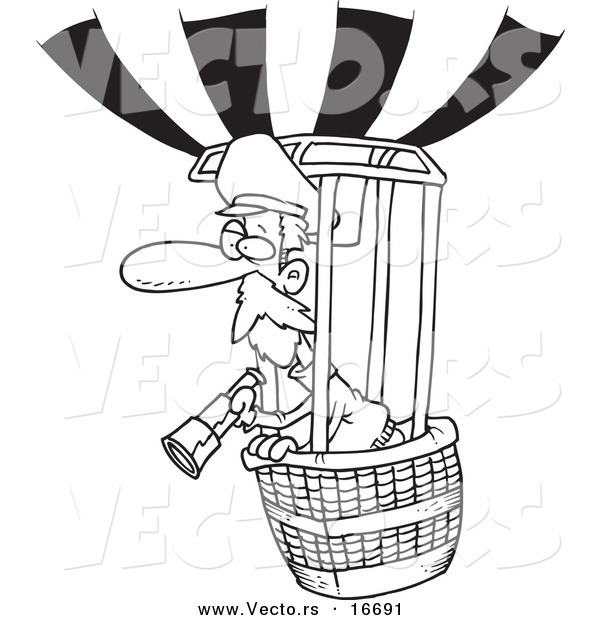 Vector of a Cartoon Balloonist Using a Telescope - Outlined Coloring Page Drawing