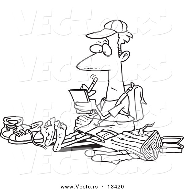 Vector of a Cartoon Barefoot Hiker with Blisters on His Feet, Writing in His Journal - Coloring Page Outline