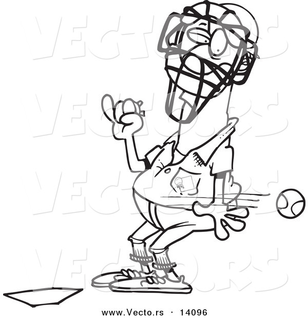 Vector of a Cartoon Baseball Flying past an Umpire - Coloring Page Outline