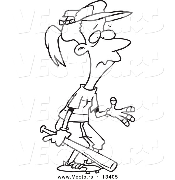 Vector of a Cartoon Baseball Girl with Bandages over Her Blistered Fingers - Coloring Page Outline