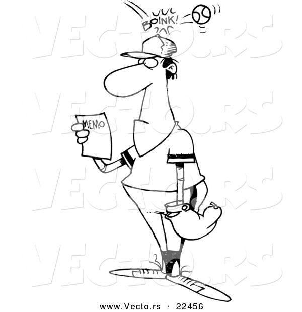 Vector of a Cartoon Baseball Hitting a Player on the Head As He Reads a Memo - Coloring Page Outline