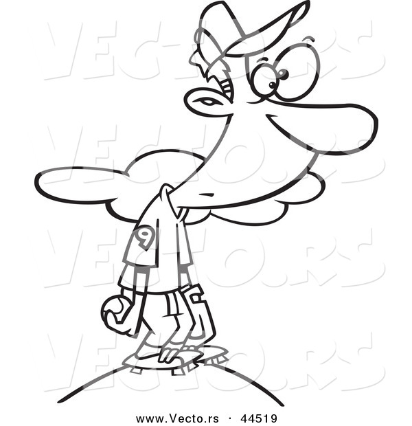 Vector of a Cartoon Baseball Player at the Pitchers Mound - Coloring Page Outline