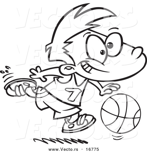Vector of a Cartoon Basketball Boy Dribbling - Coloring Page Outline