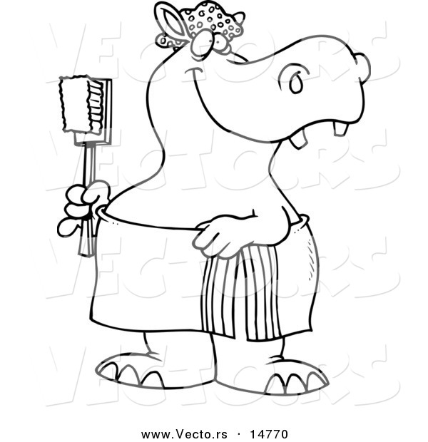 Vector of a Cartoon Bath Time Hippo in a Towel, Holding a Scrub Brush - Coloring Page Outline