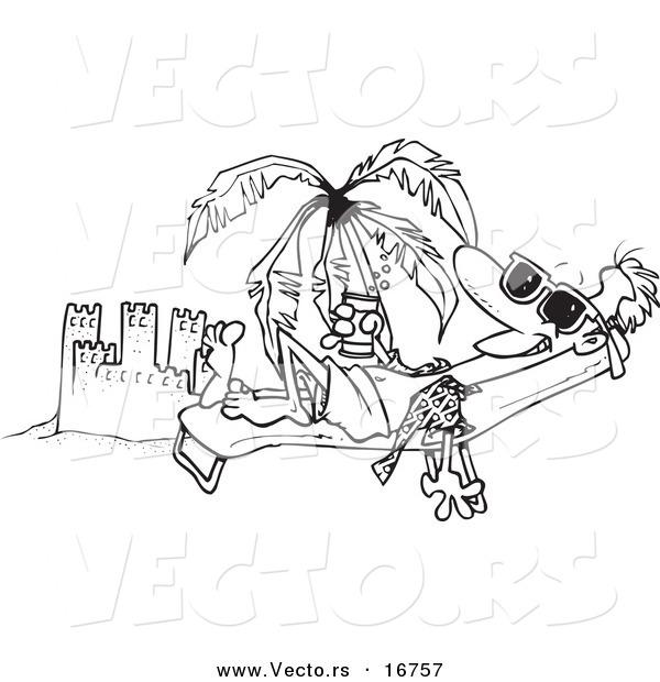 Vector of a Cartoon Beach Bum Man Tanning by a Sand Castle - Coloring Page Outline