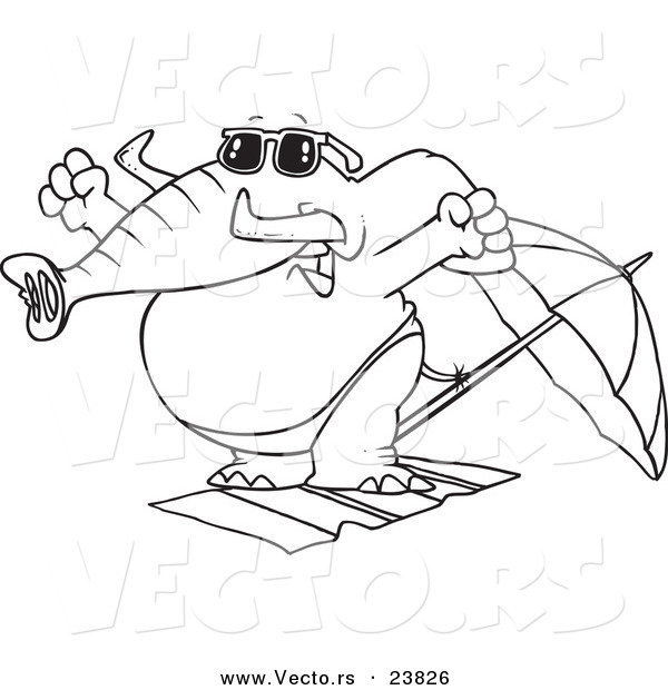 Vector of a Cartoon Beach Elephant Stretching - Coloring Page Outline