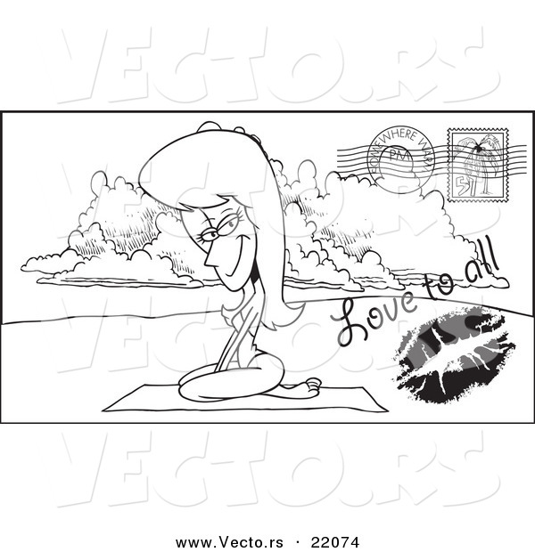 Vector of a Cartoon Beach Woman on a Post Card - Outlined Coloring Page