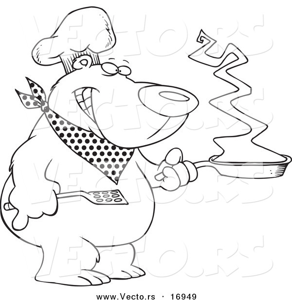 Vector of a Cartoon Bear Chef Holding a Frying Pan - Coloring Page Outline