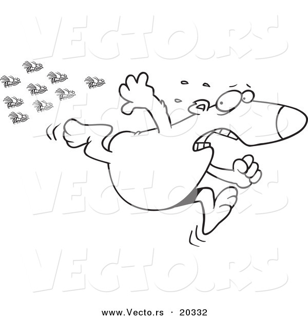 Vector of a Cartoon Bear Fleeing from Bees - Coloring Page Outline