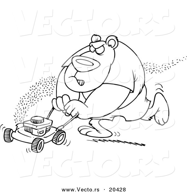 Vector of a Cartoon Bear Mowing His Lawn - Coloring Page Outline