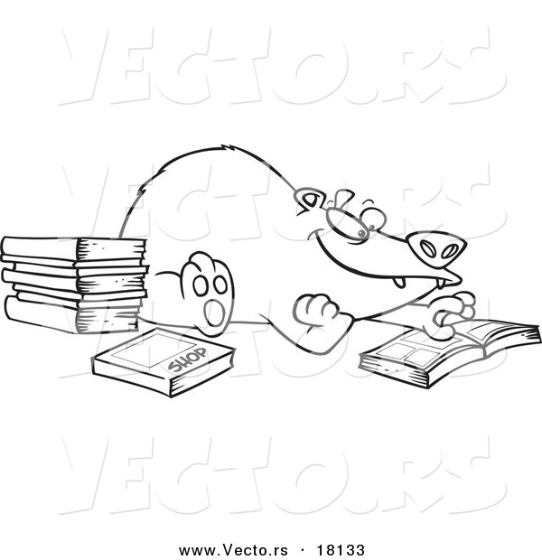 Vector of a Cartoon Bear Reading Books - Outlined Coloring Page