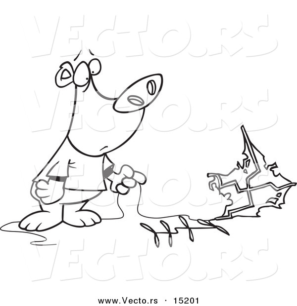 Vector of a Cartoon Bear with a Crashed Kite - Coloring Page Outline