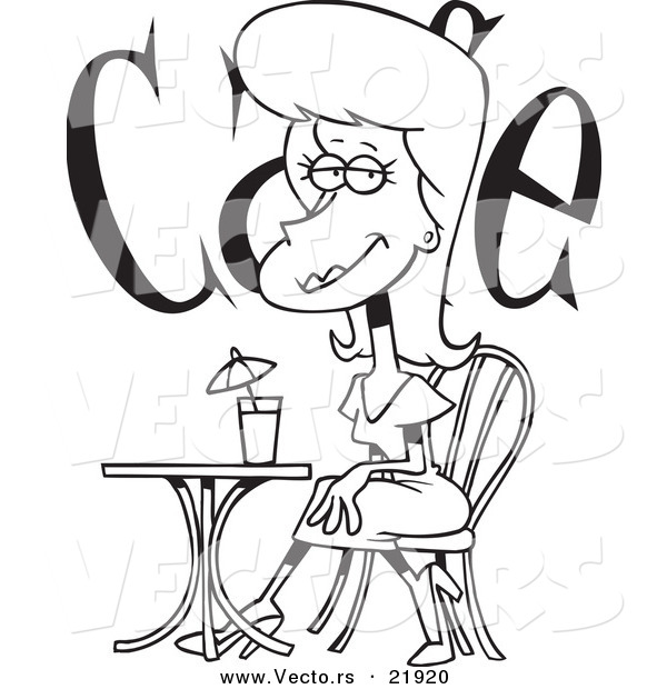 Vector of a Cartoon Beautiful Woman Cafe - Outlined Coloring Page