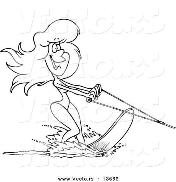Vector of a Cartoon Beautiful Woman Waterskiing - Coloring Page Outline