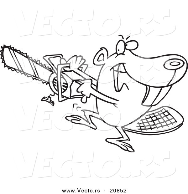 Vector of a Cartoon Beaver Using a Chainsaw - Coloring Page Outline