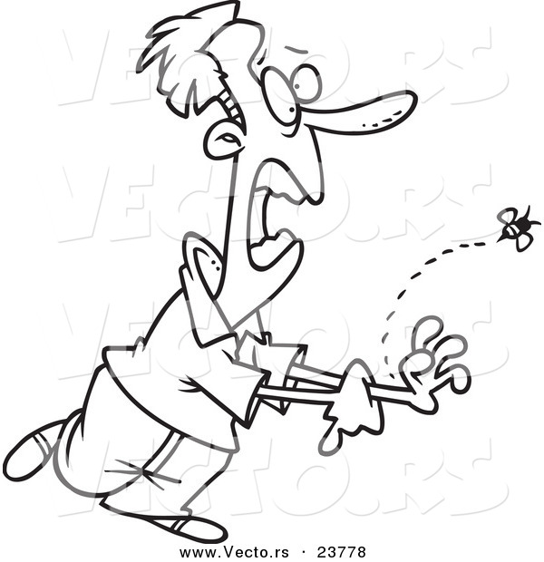 Vector of a Cartoon Bee Stinging a Man - Coloring Page Outline