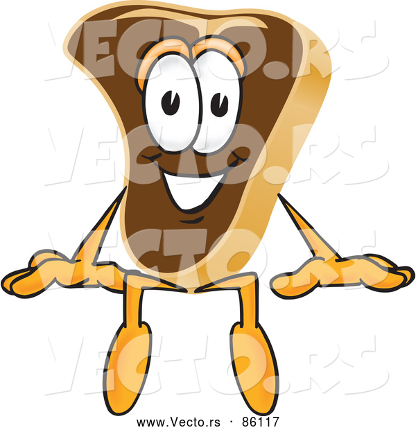 Vector of a Cartoon Beef Steak Mascot Character Sitting with Big Smile