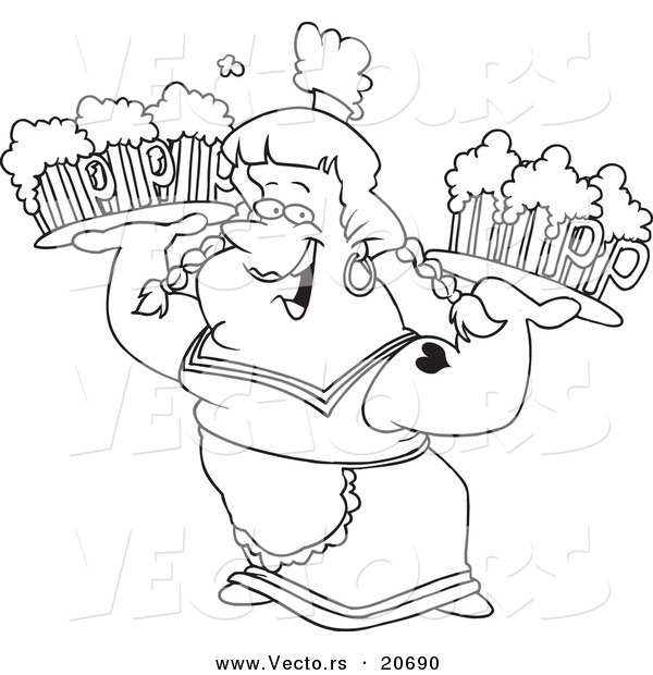 Vector of a Cartoon Beer Maiden Carrying Trays - Coloring Page Outline
