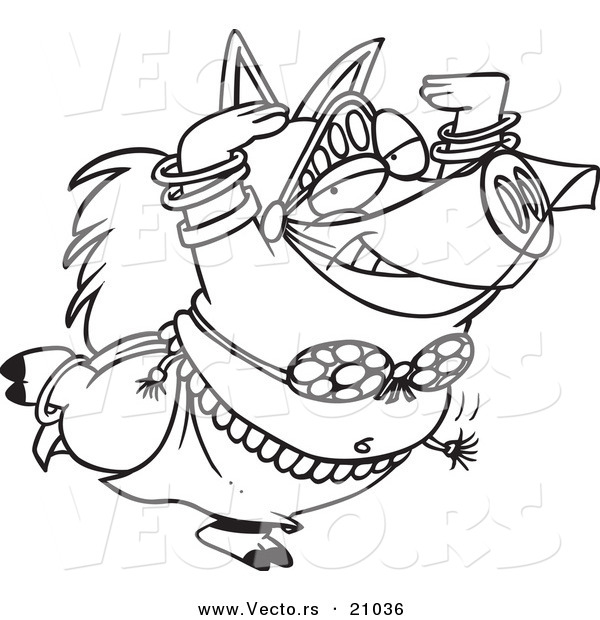 Vector of a Cartoon Belly Dancing Pig - Coloring Page Outline