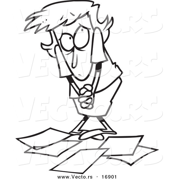 Vector of a Cartoon Berated Businesswoman Standing over Papers - Coloring Page Outline