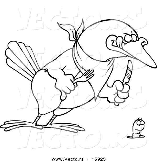 Vector of a Cartoon Big Bird Ready to Dine on a Worm - Outlined Coloring Page Drawing