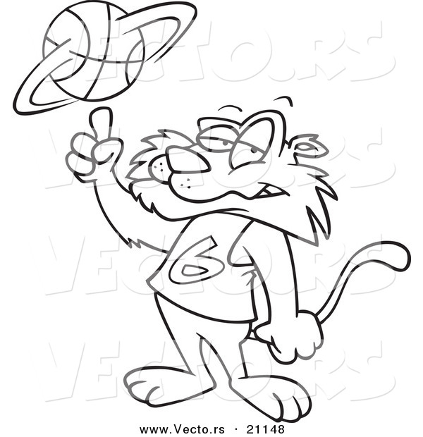 Vector of a Cartoon Big Cat Spinning a Basketball - Coloring Page Outline