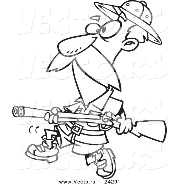 Vector of a Cartoon Big Game Hunter with a Rifle Black and White Outline - Outlined Coloring Page