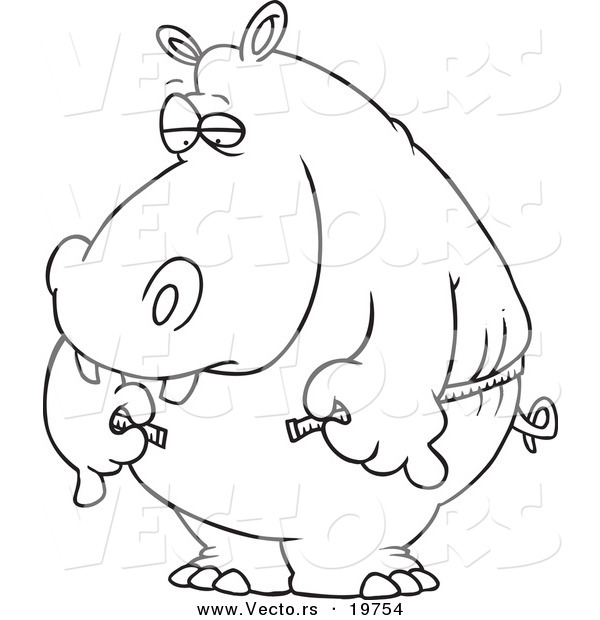 Vector of a Cartoon Big Hippo Measuring His Waist with a Short Tape - Outlined Coloring Page