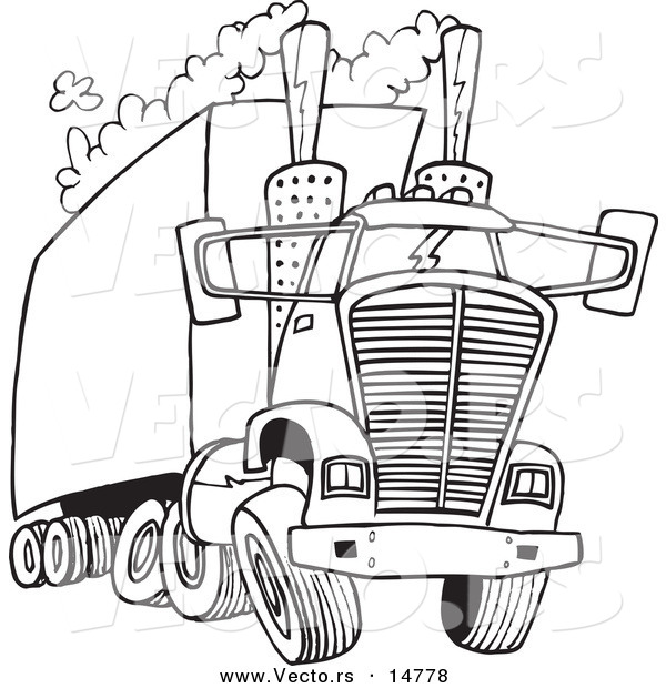 Vector of a Cartoon Big Rig Releasing a Lot of Exhaust - Coloring Page Outline