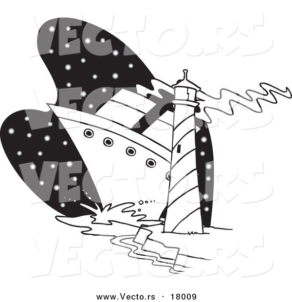Vector of a Cartoon Big Ship near a Light House - Outlined Coloring Page