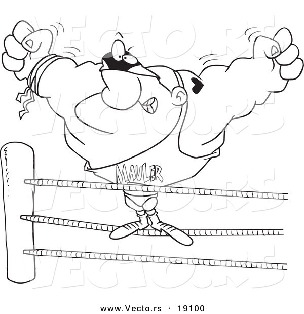 Vector of a Cartoon Big Wrestler in the Ring - Outlined Coloring Page