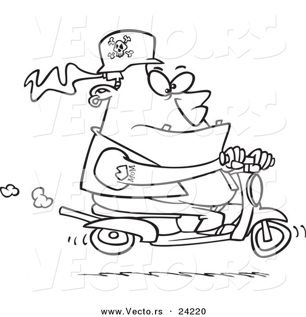 Vector of a Cartoon Biker Dude on a Scooter - Coloring Page Outline