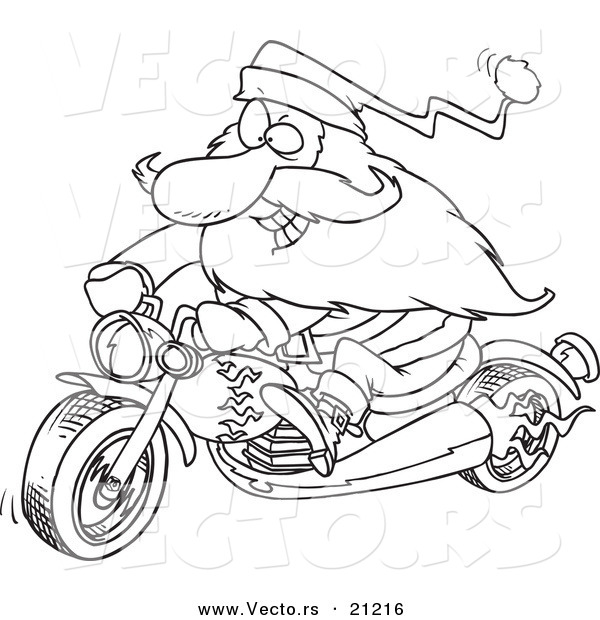 Vector of a Cartoon Biker Santa on a Motorcycle - Coloring Page Outline