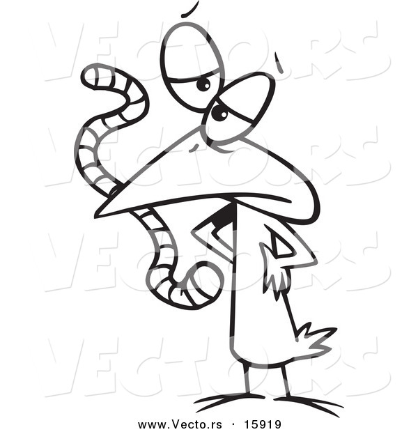 Vector of a Cartoon Bird Eating a Worm - Outlined Coloring Page Drawing