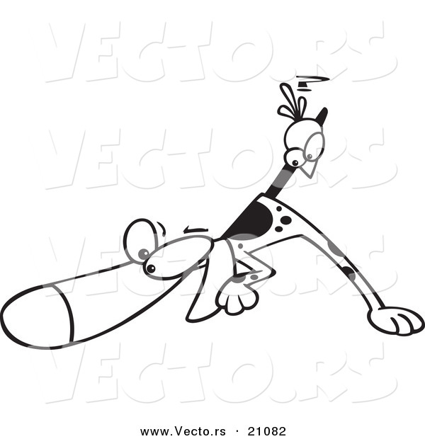 Vector of a Cartoon Bird on a Pointer Dog's Tail - Coloring Page Outline