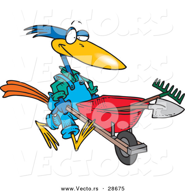 Vector of a Cartoon Bird Pushing a Wheel Barrow with Landscaping Gardener Tools