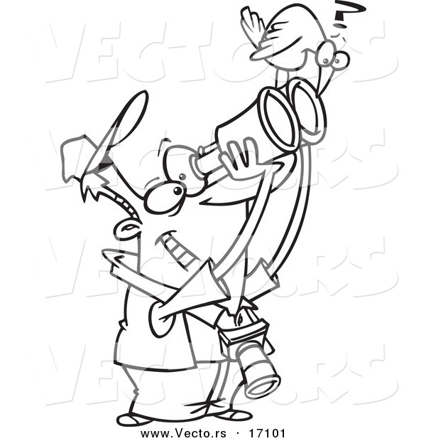 Vector of a Cartoon Bird Sitting on a Man's Binoculars - Coloring Page Outline