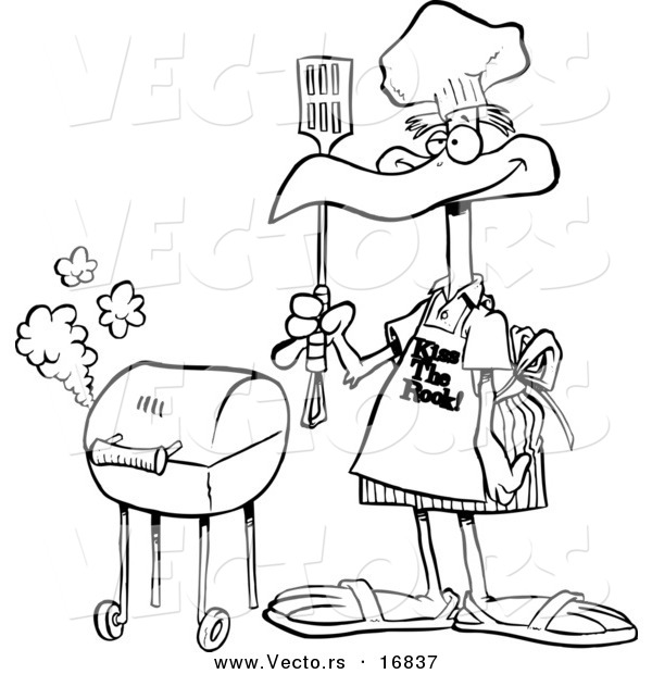 Vector of a Cartoon Bird Standing by His Bbq - Coloring Page Outline