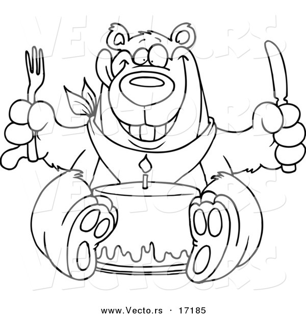 Vector of a Cartoon Birthday Bear Eating Cake - Coloring Page Outline
