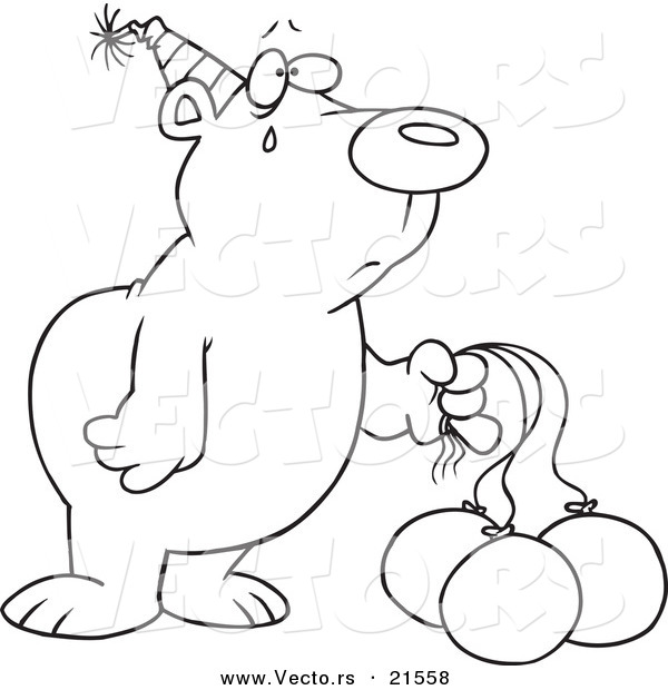 Vector of a Cartoon Birthday Bear with Deflating Balloons - Outlined Coloring Page