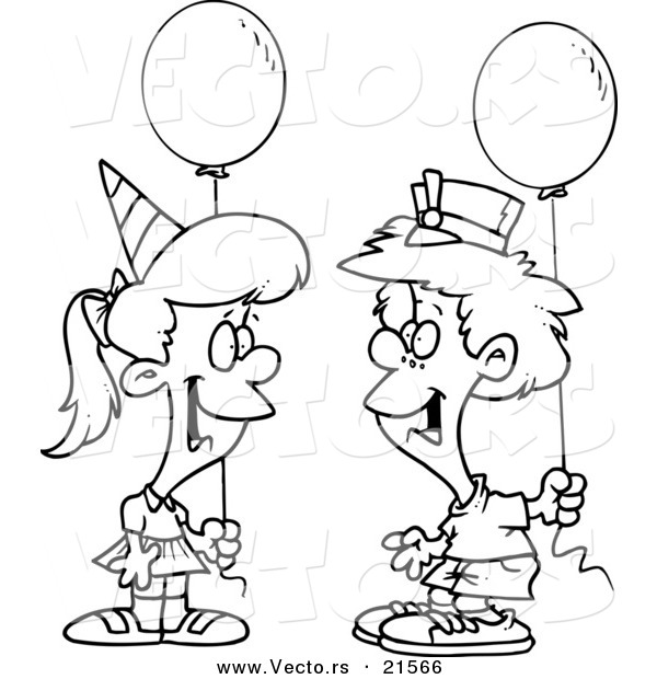 Vector of a Cartoon Birthday Boy and Girl with Balloons - Outlined Coloring Page