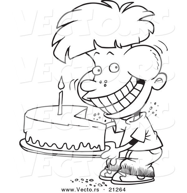 Vector of a Cartoon Birthday Boy Eating an Entire Cake - Coloring Page Outline